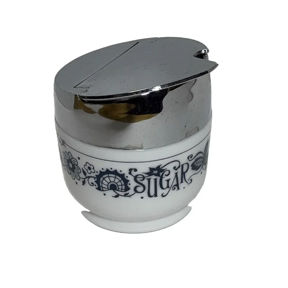 Gemco Snowflake Garland Sugar Dispenser Toleware Glass Metal Chrome Lid